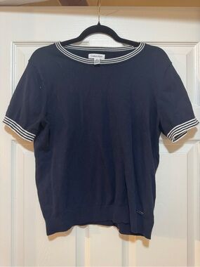 Calvin Klein Navy Knit Short Sleeve Top with White Stripe Trim